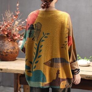 Women’s Pullover Oversized Wool Blend Fish Pattern Sweater Size OS